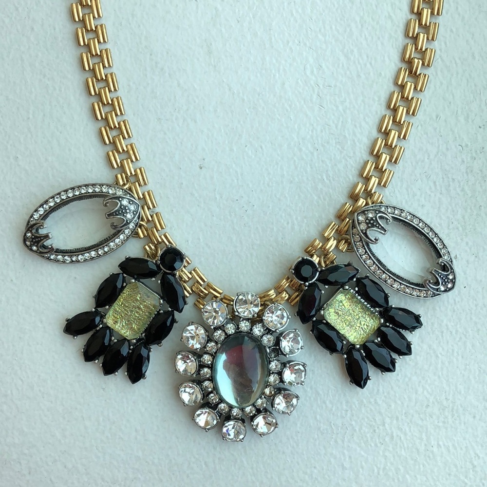Lulu Frost Gold Tone Statement Necklace with Black, Clear and Iridescent Stones